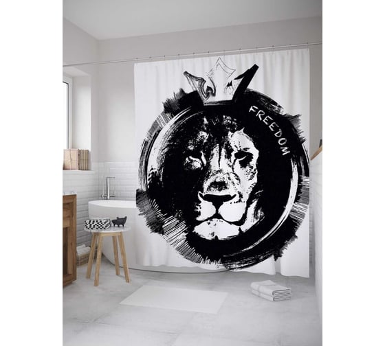 Штора (занавеска) для ванной JoyArty "Лев монохром" из сатена, 180х200 см с крючками, sc_36489