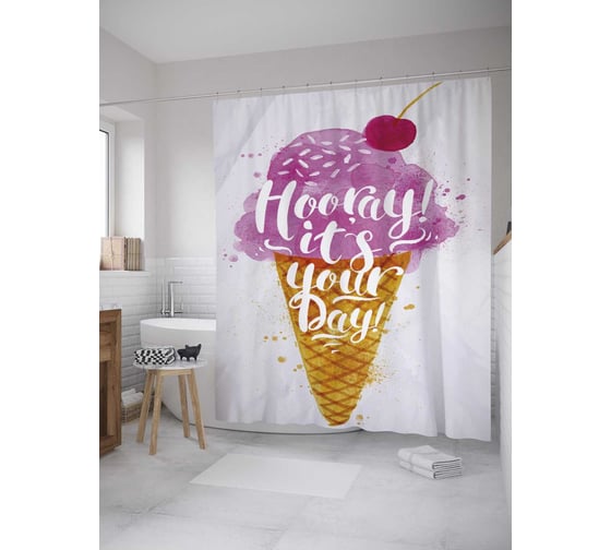 Штора (занавеска) для ванной JoyArty "Вишневое мороженое" из сатена, 180х200 см с крючками, sc_36309 1