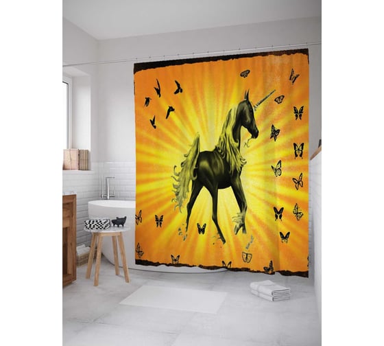 Штора (занавеска) для ванной JoyArty "Единорог и бабочки" из сатена, 180х200 см с крючками, sc_4961 1