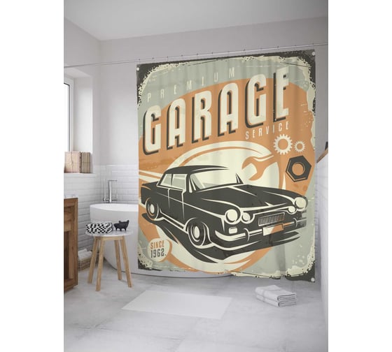 Штора (занавеска) для ванной JoyArty "Реклама гаража ретро" из сатена, 180х200 см с крючками, sc_36349 1