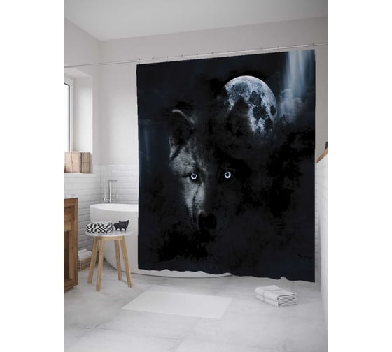 Штора (занавеска) для ванной JoyArty "Волк и луна" из сатена, 180х200 см с крючками, sc_8680 1