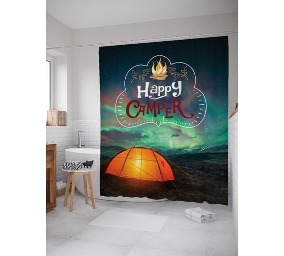 Штора (занавеска) для ванной JoyArty "Счастливый турист" из сатена, 180х200 см с крючками, sc_7651 1