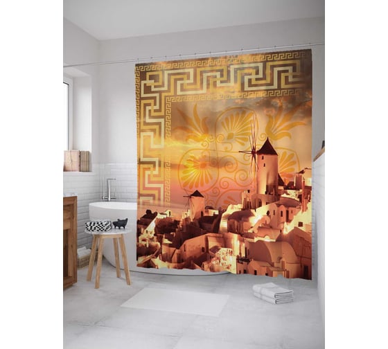 Штора (занавеска) для ванной JoyArty "Ветряные мельницы в Санторини" из сатена, 180х200 см с крючками, sc_7728 1