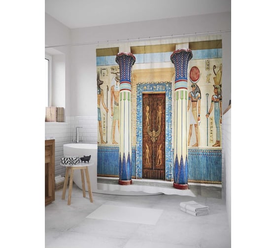 Штора (занавеска) для ванной JoyArty "Египетский храм" из сатена, 180х200 см с крючками, sc_9327 1