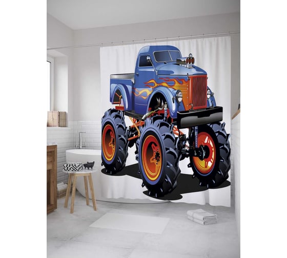 Штора (занавеска) для ванной JoyArty "Машина на высоких колесах" из сатена, 180х200 см с крючками, sc_36367 1