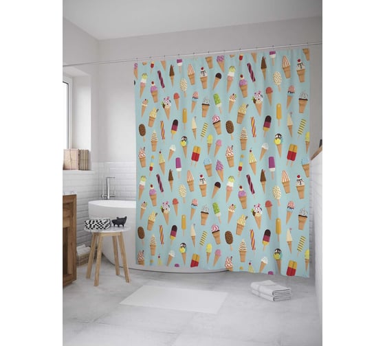 Штора (занавеска) для ванной JoyArty "Яркие сладости" из сатена, 180х200 см с крючками, sc_36337 1