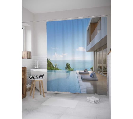 Штора (занавеска) для ванной JoyArty "Терраса с бассейном" из сатена, 180х200 см с крючками, sc_34854 1