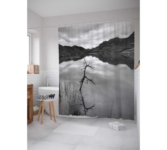 Штора (занавеска) для ванной JoyArty "Вечернее озеро" из сатена, 180х200 см с крючками, sc_38158