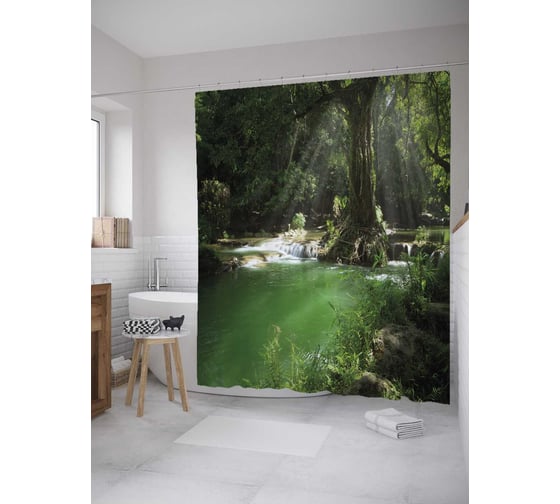 Штора (занавеска) для ванной JoyArty "Широкая река в лесу" из сатена, 180х200 см с крючками, sc_32781 1