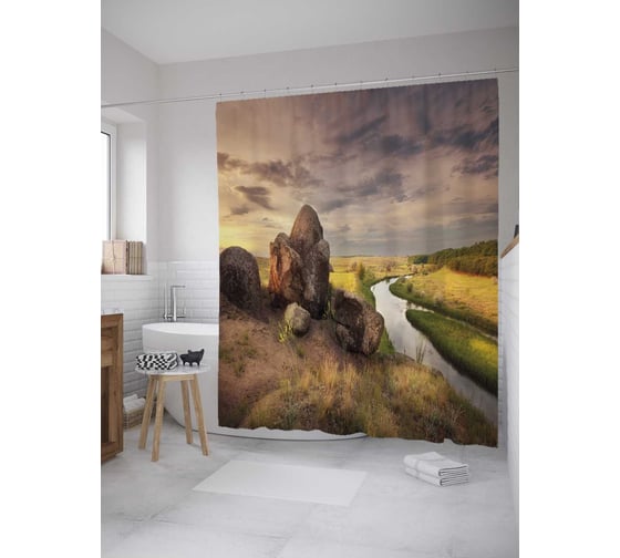 Штора (занавеска) для ванной JoyArty "Река в долине" из сатена, 180х200 см с крючками, sc_36524 1