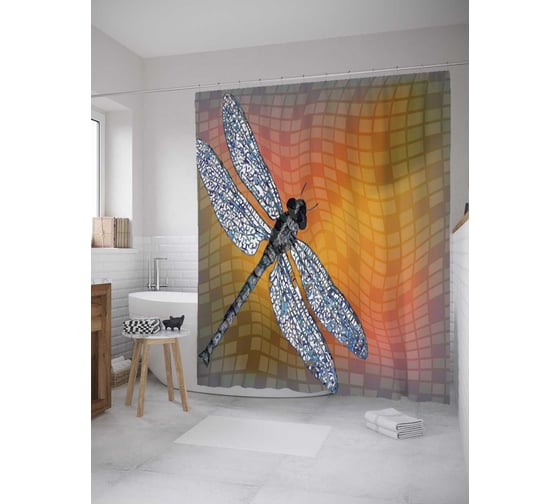 Штора (занавеска) для ванной JoyArty "Крупная стрекоза" из сатена, 180х200 см с крючками, sc_35185