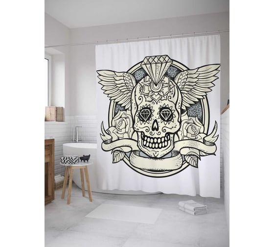 Штора (занавеска) для ванной JoyArty "Графический череп с крыльями" из сатена, 180х200 см с крючками, sc_35947