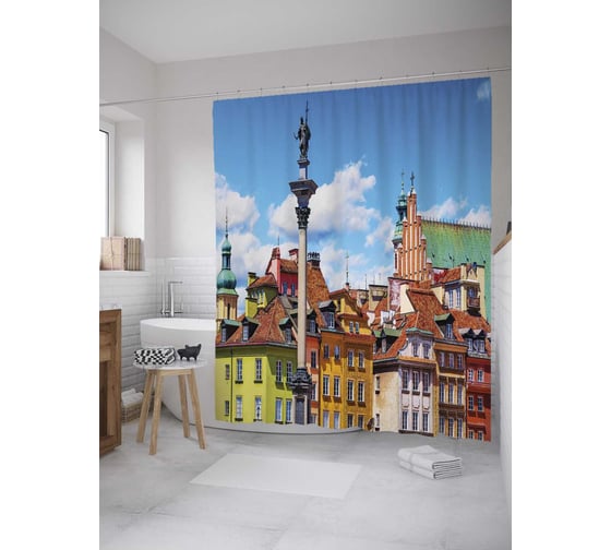 Штора (занавеска) для ванной JoyArty "Старый район Варшавы" из сатена, 180х200 см с крючками, sc_36555 1