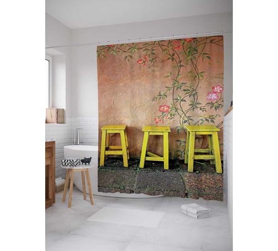 Штора (занавеска) для ванной JoyArty "Три табуретки" из сатена, 180х200 см с крючками, sc_3391 1