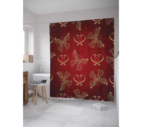 Штора (занавеска) для ванной JoyArty "Бабочки и сердечки" из сатена, 180х200 см с крючками, sc_35570 1