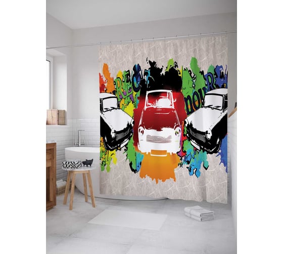 Штора (занавеска) для ванной JoyArty "Авто вечеринка" из сатена, 180х200 см с крючками, sc_3457 1