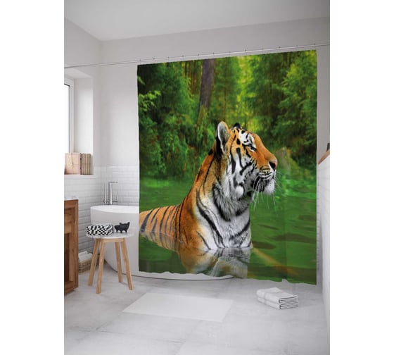 Штора (занавеска) для ванной JoyArty "Тигриный заплыв" из сатена, 180х200 см с крючками, sc_38650 1