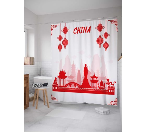 Штора (занавеска) для ванной JoyArty "Китайские достопримечательности" из сатена, 180х200 см с крючками, sc_37768 1