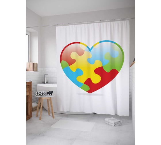 Штора (занавеска) для ванной JoyArty "Цветное сердце" из сатена, 180х200 см с крючками, sc_6472 1