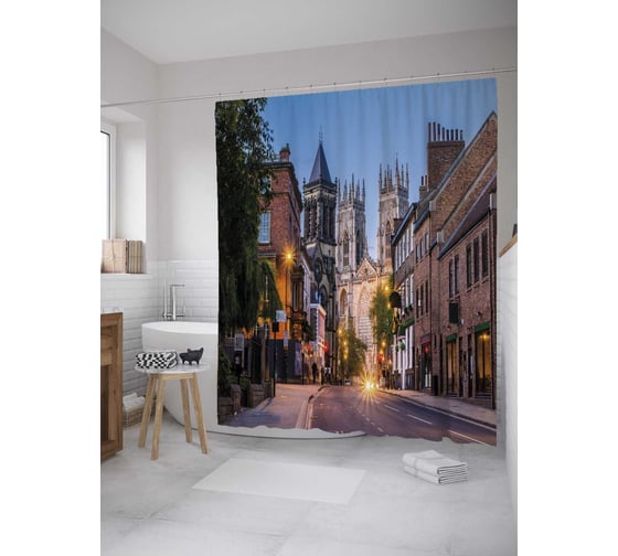 Штора (занавеска) для ванной JoyArty "Вечерняя старая улочка" из сатена, 180х200 см с крючками, sc_36578 1