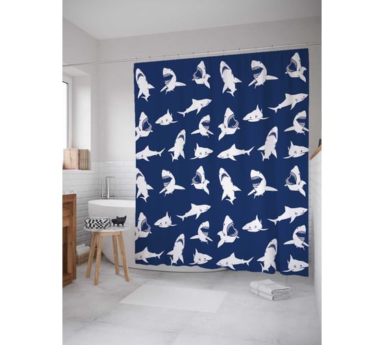 Штора (занавеска) для ванной JoyArty "Челюсти акулы" из сатена, 180х200 см с крючками, sc_38028 1