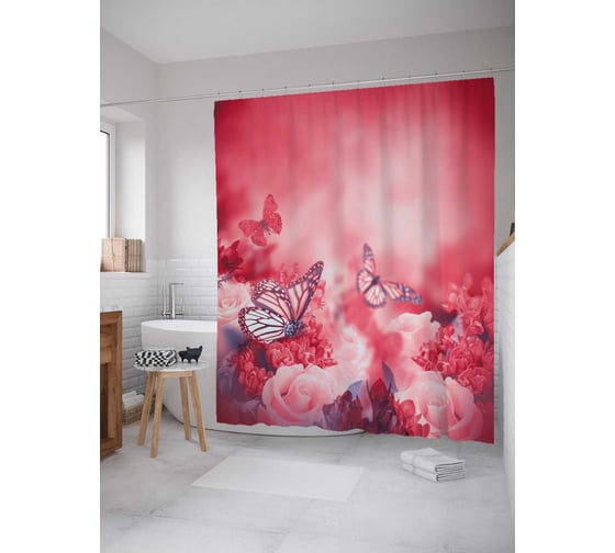 Штора (занавеска) для ванной JoyArty "Бабочки в зарево" из сатена, 180х200 см с крючками, sc_37323 1