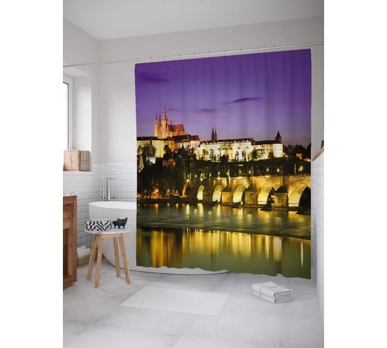 Штора (занавеска) для ванной JoyArty "Карлов мост в Праге" из сатена, 180х200 см с крючками, sc_37452