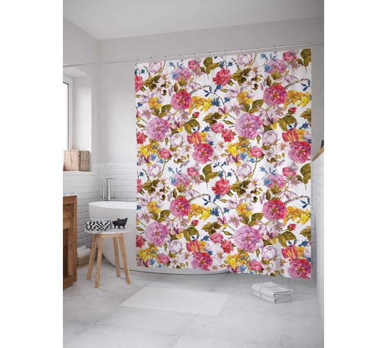 Штора (занавеска) для ванной JoyArty "Цветастые переплетения" из сатена, 180х200 см с крючками, sc_71211 1