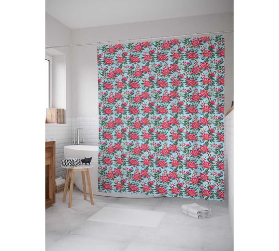 Штора (занавеска) для ванной JoyArty "Пестрые малиновые цветы" из сатена, 180х200 см с крючками, sc_68967 1