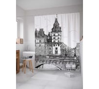 Штора (занавеска) для ванной JoyArty "Домик с башней" из сатена, 180х200 см с крючками, sc_37338