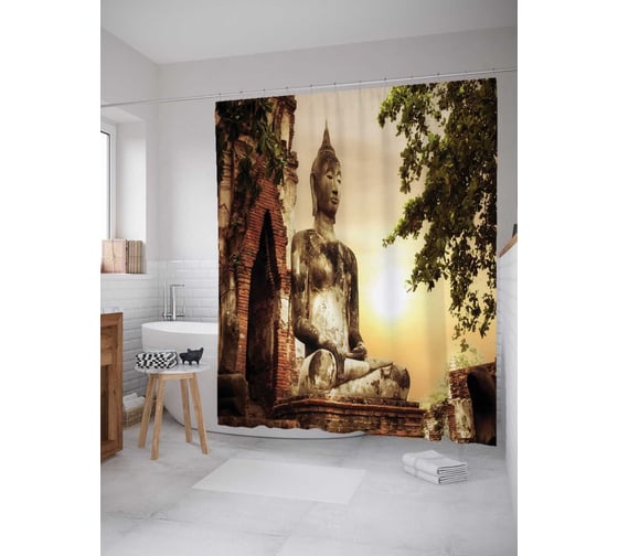 Штора (занавеска) для ванной JoyArty "Статуя Будды в джунглях" из сатена, 180х200 см с крючками, sc_9940 1