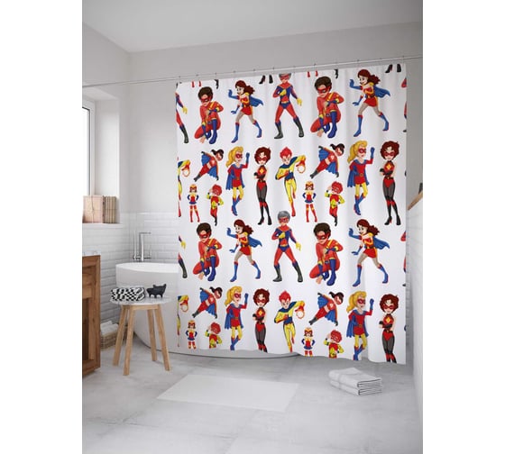 Штора (занавеска) для ванной JoyArty "Девушки-супергерои" из сатена, 180х200 см с крючками, sc_38700 1