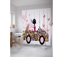 Штора (занавеска) для ванной JoyArty "Цветочный транспорт" из сатена, 180х200 см с крючками, sc_3401