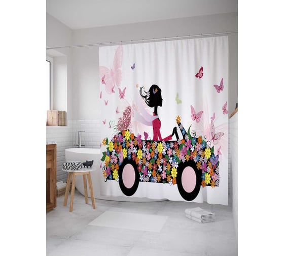 Штора (занавеска) для ванной JoyArty "Цветочный транспорт" из сатена, 180х200 см с крючками, sc_3401 1