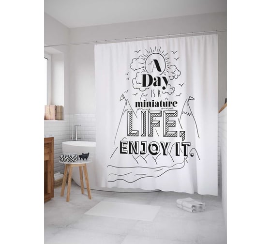 Штора (занавеска) для ванной JoyArty "День - это миниатюрная жизнь, наслаждайся ею" из сатена, 180х200 см с крючками, sc_37380 1