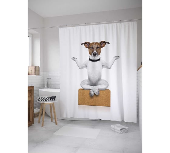 Штора (занавеска) для ванной JoyArty "Медитирующий пес" из сатена, 180х200 см с крючками, sc_9723 1