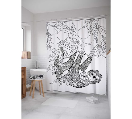 Штора (занавеска) для ванной JoyArty "Ленивец на плодовом дереве" из сатена, 180х200 см с крючками, sc_37846 1