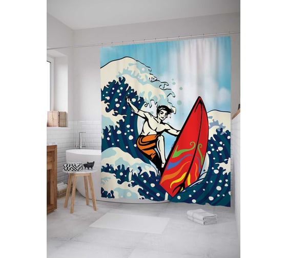 Штора (занавеска) для ванной JoyArty "Серфер в волнах" из сатена, 180х200 см с крючками, sc_7668 1