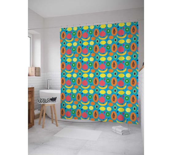 Штора (занавеска) для ванной JoyArty "Мозаика фруктовая" из сатена, 180х200 см с крючками, sc_71723 1