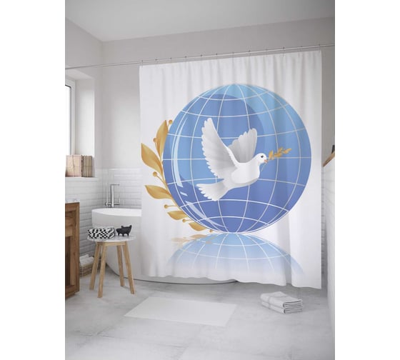 Штора (занавеска) для ванной JoyArty "Голубь мира на глобусе" из сатена, 180х200 см с крючками, sc_7838