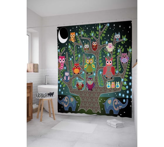 Штора (занавеска) для ванной JoyArty "Ночные совы" из сатена, 180х200 см с крючками, sc_6669 1