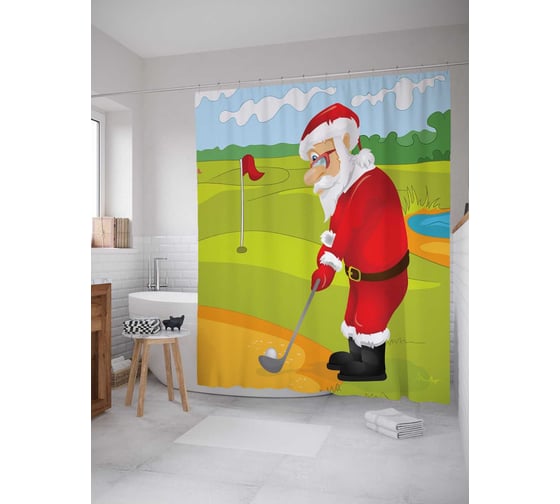 Штора (занавеска) для ванной JoyArty "Санта-гольфист" из сатена, 180х200 см с крючками, sc_6106 1
