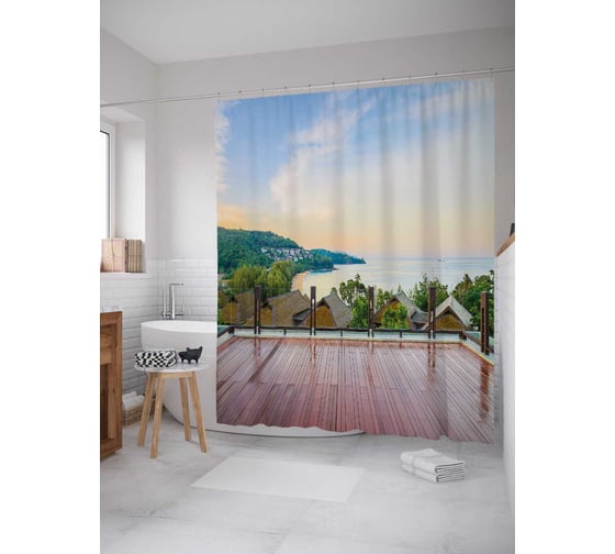 Штора (занавеска) для ванной JoyArty "Терраса над городком" из сатена, 180х200 см с крючками, sc_34924 1