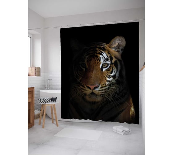 Штора (занавеска) для ванной JoyArty "Тигр в тени" из сатена, 180х200 см с крючками, sc_38683 1