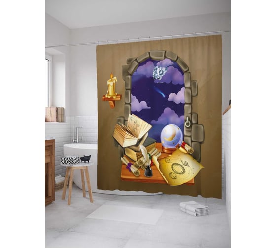 Штора (занавеска) для ванной JoyArty "Окно в башне" из сатена, 180х200 см с крючками, sc_33722 1