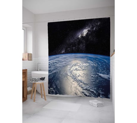 Штора (занавеска) для ванной JoyArty "Земля и Млечный путь" из сатена, 180х200 см с крючками, sc_37997