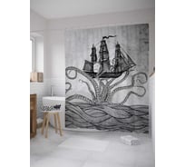 Штора (занавеска) для ванной JoyArty "Кракен и корабль" из сатена, 180х200 см с крючками, sc_7989