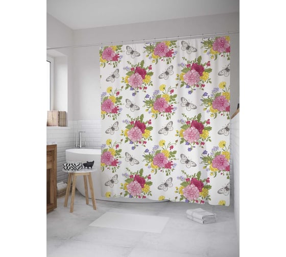 Штора (занавеска) для ванной JoyArty "Букеты и бабочки" из сатена, 180х200 см с крючками, sc_35862 1