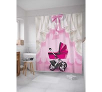 Штора (занавеска) для ванной JoyArty "Коляска в голубых оборках" из сатена, 180х200 см с крючками, sc_7635