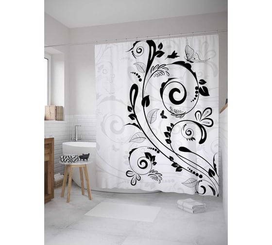 Штора (занавеска) для ванной JoyArty "Цветочный вензель" из сатена, 180х200 см с крючками, sc_8196 1